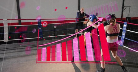 Sparring two women in sports bras trading punches in gym ring with headgear, gloves, magenta HUD