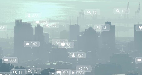 Displaying high-rise skyline shimmering through haze at coast, with notification bubbles and cranes