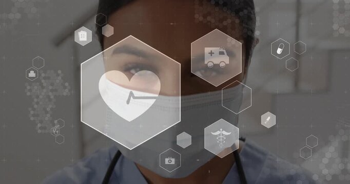 Nurse raising hands, adjusting mask, smoothing, steth seen under hexagon UI pulsing ECG for consult