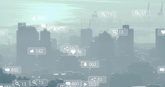 Displaying high-rise skyline shimmering through haze at coast, with notification bubbles and cranes