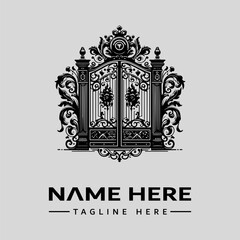Obraz premium A detailed black and white vintage engraving of an ornate gate with floral patterns and a central crest on a light gray background, with space for a logo and tagline.