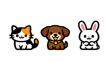 Naklejka premium Three cute cartoon animals including a black cat with orange patches, a brown dog wearing a yellow collar, and a black rabbit with pink ears are displayed against a solid black background.