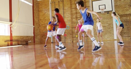 Naklejka premium Playing group of six players moving on school gym court, wearing jerseys, holding basketball