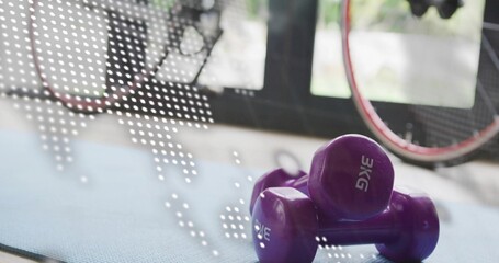 Resting purple 3KG dumbbells on light-blue mat near windows with overlay and bike wheel, copy space