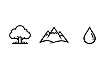 Fototapeta premium Three minimalist white line icons representing nature elements including a tree, mountain range, and a water drop, set against a solid black background for a clean look.