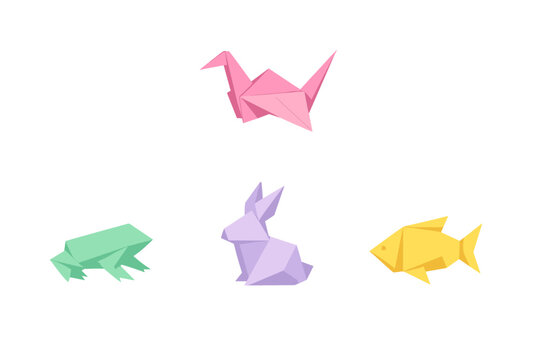 Four colorful origami animals including a pink crane, green frog, purple rabbit, and yellow fish are arranged on a solid black background in a geometric low-poly style.