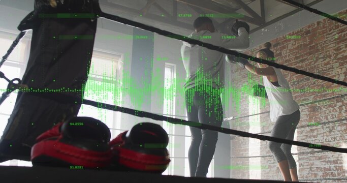 Training two boxers in sportswear, standing by ropes inside ring with red shoes, green overlay