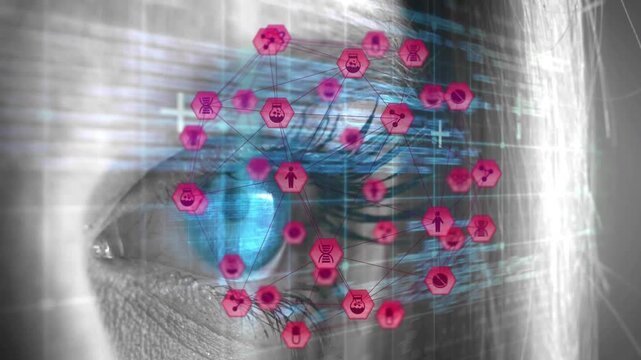 Magenta nodes appearing, eye opening and networking over blue iris while HUD sliding, scanning