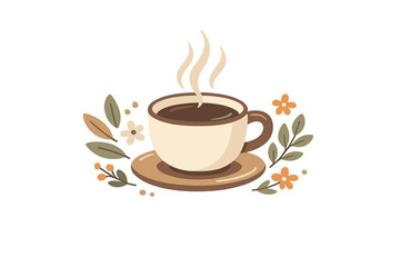 Obraz premium A flat illustration of a steaming cup of coffee or tea on a saucer, surrounded by stylized leaves and flowers in warm earth tones against a solid black background.