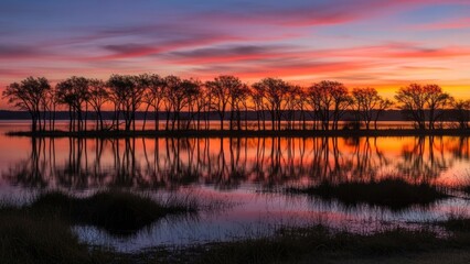 Obraz premium A serene landscape of trees reflected in calm water at sunset