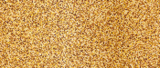 Sparkling gold disco background vector. Gradient round sequin pattern. Iridescent mosaic banner. Halftone glowing texture. Festive party backdrop. Pixel metallic