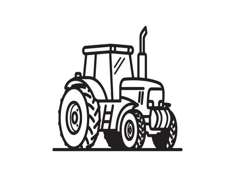 A black and white line drawing of a tractor with large wheels and a cabin