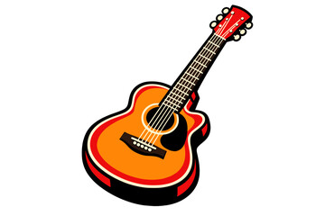 A stylized illustration of an acoustic guitar with a vibrant orange body and red outlines. The musical instrument is shown at a diagonal angle against a solid black background.