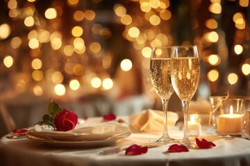 Intimate evening for a couple: candle glow, soft bokeh background, and clinking glasses of sparkling wine
