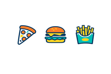 Three colorful fast food icons featuring a slice of pepperoni pizza, a cheeseburger, and a box of french fries are displayed against a solid black background in a flat design style.
