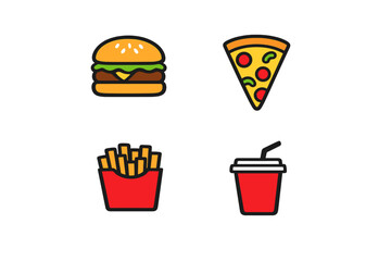 A collection of four flat fast food icons including a hamburger, a slice of pizza, french fries, and a soda cup with a straw, all set against a solid black background.