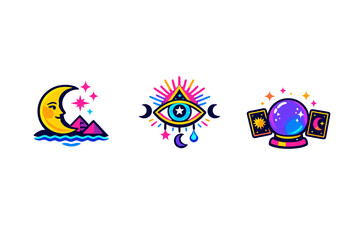 A set of three vibrant mystical icons featuring a crescent moon over pyramids, an all-seeing eye with celestial symbols, and a crystal ball with tarot cards on a black background.