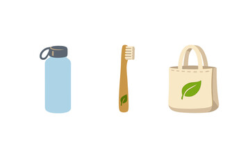 An illustration of three eco-friendly items including a reusable water bottle, a bamboo toothbrush, and a canvas tote bag, all featuring a green leaf symbol on a black background.