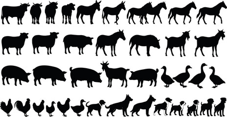 Large collection of black farm animal silhouettes isolated on white background featuring cows, horses, sheep, pigs, dogs, and poultry vectors.