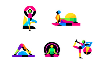 A set of five abstract geometric figures performing yoga poses including tree, cobra, and lotus. The vibrant neon illustrations are set against a solid black background for contrast.