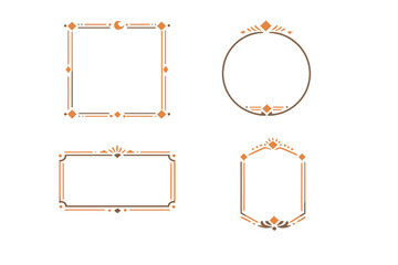 A set of four elegant celestial frames in orange and brown tones on a black background. The designs feature mystical elements like crescent moons, sunbursts, and geometric diamond shapes.