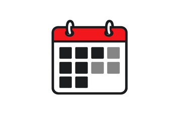 This flat graphic illustration shows a calendar icon with a red top and black body. It features grey squares representing dates and is set against a solid black background.