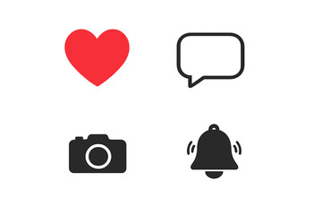 Four minimalist digital interface icons featuring a red heart, a white chat bubble, a black camera, and a ringing notification bell isolated on a dark black background.