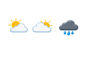 This image features three distinct weather icons against a black backdrop, showing a sun with a cloud, a cloud over a sun, and a grey rain cloud with three blue droplets.