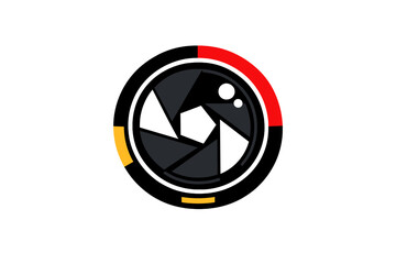 This minimalist graphic illustration shows a dark grey camera lens aperture icon on a black background, surrounded by vibrant red and yellow curved segments in a circular pattern.
