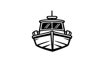 A minimalist black and white line art illustration of a motorboat viewed from the front. The design features a simple hull and cabin structure against a solid black background.