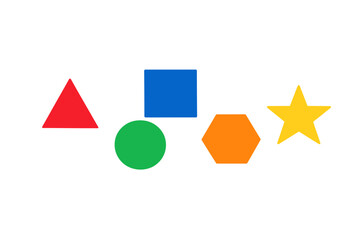 A collection of five colorful geometric shapes including a red triangle, blue square, green circle, orange hexagon, and yellow star arranged horizontally on a solid black background.