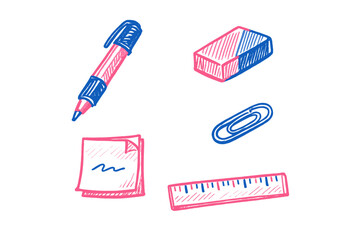A collection of hand-drawn school and office supplies including a pen, eraser, paperclip, sticky note, and ruler, illustrated in vibrant pink and blue colors on a solid black background.