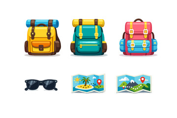 A collection of colorful travel icons featuring three different backpacks, a pair of sunglasses, and two folded maps showing tropical and mountain destinations on a black background.