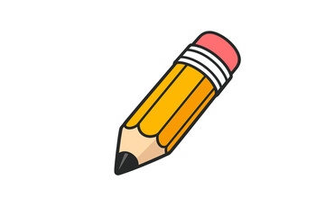A cartoon illustration of a short yellow pencil with a pink eraser and black lead tip, isolated on a solid black background. The drawing features bold outlines and a flat design style.