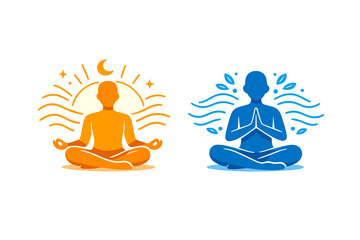 Two stylized figures in meditation poses on a black background. One is orange with celestial symbols, and the other is blue with nature elements, representing balance and mindfulness.