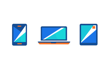 A flat illustration featuring a smartphone, a laptop, and a tablet on a black background. The devices are rendered in blue and orange with geometric shapes on their screens.