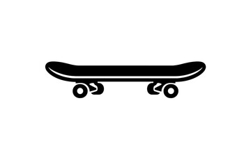 A minimalist white line drawing of a skateboard shown from a side profile view against a solid black background. This simple graphic illustration features the deck, trucks, and wheels.