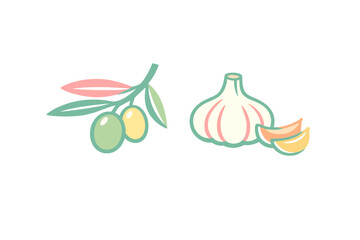 A stylized illustration featuring an olive branch with two olives and a garlic bulb with two cloves. The artwork uses a pastel color palette with dark outlines on a black background.