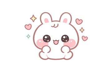 A cute white cartoon bunny with large sparkling eyes and pink cheeks sits against a black background. The character is surrounded by small pink hearts and colorful twinkling stars.
