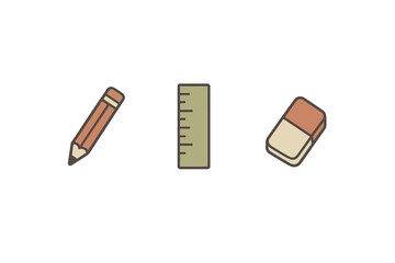 A minimalist illustration featuring a pencil, a ruler, and an eraser arranged horizontally on a solid black background. The school supplies are depicted in a flat, muted color palette.