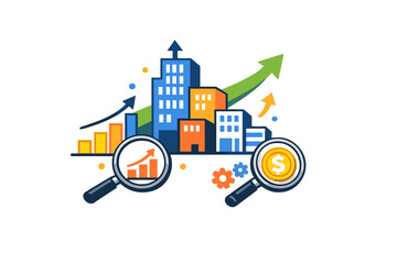 A colorful vector illustration depicting business growth with city buildings, rising bar charts, upward arrows, and magnifying glasses focusing on financial data and money.
