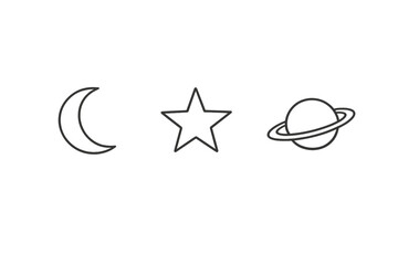 A minimalist illustration featuring three white line-art icons of a crescent moon, a five-pointed star, and a ringed planet, all arranged horizontally on a solid black background.