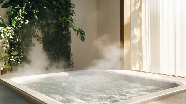 Steaming water in a modern hot tub offers a tranquil wellness experience, surrounded by vibrant green plants and indirect sunlight filtering through a soft curtain