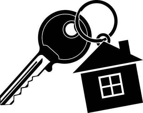A house key with a house shaped keychain attached