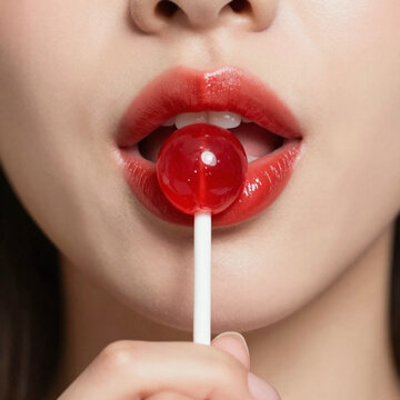 Gros plan sur des l&egrave;vres rouges l&eacute;chant une sucette rouge