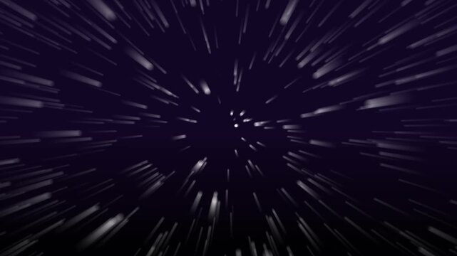 A dynamic abstract background of light streaks radiating outwards from a central point against a dark purple to black gradient simulating hyperdrive or warp speed travel through a starfield with a