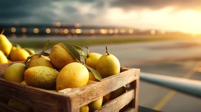 Ripe tropical mangos arranged in wooden crate ready for international export by air freight bathed in golden hues of tropical sunset light global trade operations meeting local