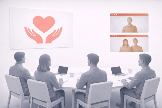 Minimal 3D illustration of professionals sitting at a table with colorful idea cards and a box in the center, while virtual profile windows appear above, representing brainstorming and collaboration.