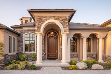 Fototapeta premium Architectural exterior detail: grand entrance, arched doorway, and textured stone accents