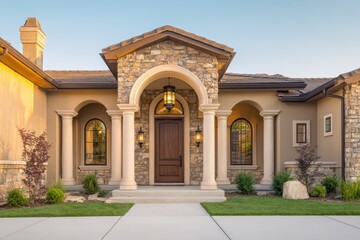 Elegant front door and covered veranda on a modern luxury residence with arch and columns